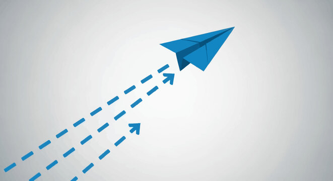 A blue paper airplane flying forward with dashed lines on a gray background