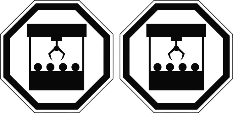 Black octagonal warning signs with robotic arms