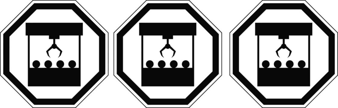 Black icons of octagonal signs with 3d printer and people