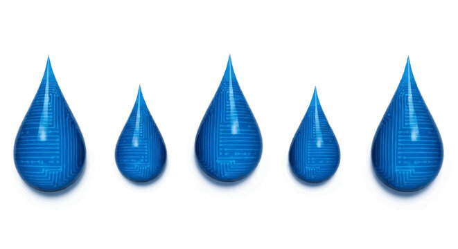 Blue shiny teardrop shapes in row.