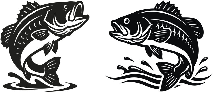 Black and white graphic illustration of two jumping largemouth bass fish