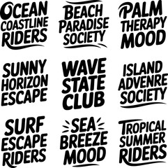 Obraz premium Assorted black and white typographic graphics embodying tropical summer vibes, including phrases for beachside fun and oceanic exploration.