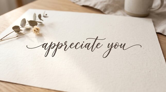A heartfelt message on a card with appreciate you written in elegant cursive on a table with a mug