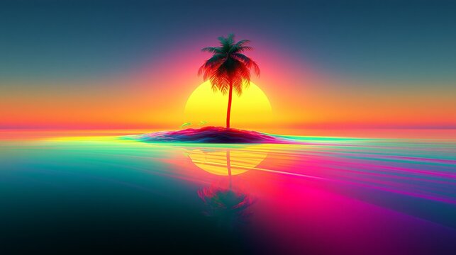 upside down magical world with floating island palm tree