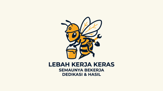 A cartoon illustration of a busy worker bee holding a bucket and a tool