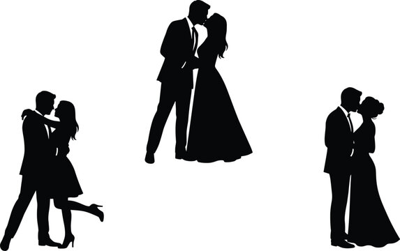 Romantic Wedding Couple Silhouette Vector Set Featuring Bride and Groom Hugging and Kissing in Formal Gown and Suit for Marriage InvitationsRomantic Wedding Couple Silhouette Vector Set Featuring Brid