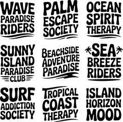 Obraz premium This image displays nine individual designs composed of bold lettering, each conveying a distinct summer and coastal concept, perfect for print merchandise.