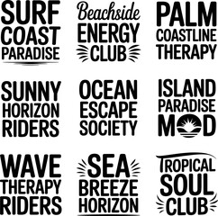 Obraz premium Collection of stylized summer beach phrases and emblems, including 'Surf Coast Paradise' and 'Ocean Escape Society' for graphic design.