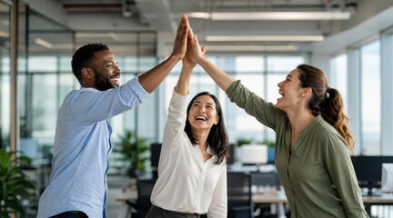 Obraz premium Diverse team high-fiving in modern office