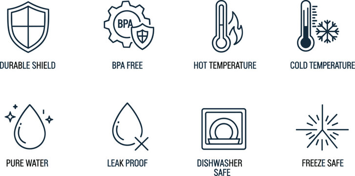 Collection of minimalist line icons depicting product quality labels like cold temperature and leak proof.