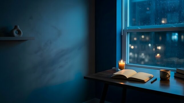 quiet nighttime journaling setup beside rainy apartment window for deep focus emotional reflection and mindful evening routine