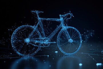 Fototapeta premium Futuristic digital rendering of a high-tech bicycle formed by interconnected glowing blue nodes and lines against a dark, reflective background