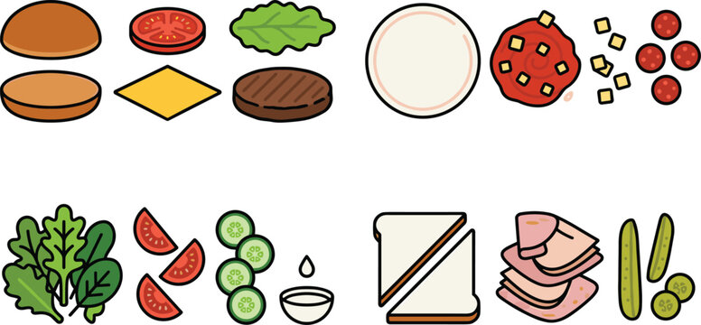 Deconstructed Fast Food Ingredients Icon Set Featuring Components for Building Burgers Pepperoni Pizza Fresh Green Salad and Deli Ham Sandwiches Vector Illustrations