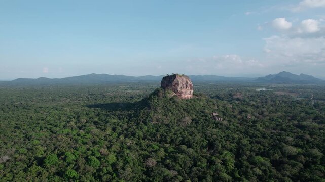Aerial view of Sigiriya Rock rising above Sri Lanka rainforest