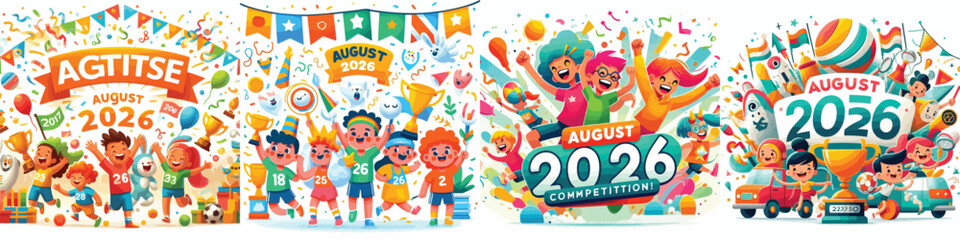 Fototapeta premium August competition vector set in cheerful cartoon style on a simple white background