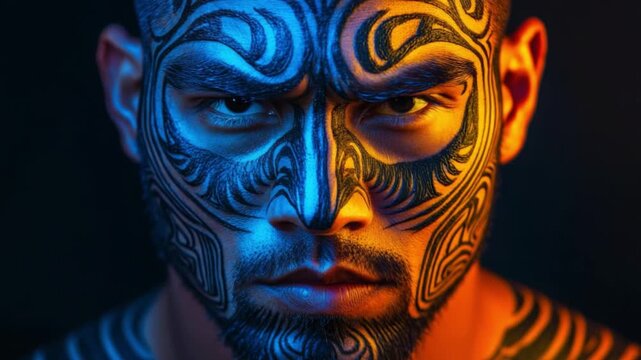 Stunning Close-Up of Tribal Tattooed Man with Vibrant Colors and Intense Expression Emphasizing Culture and Strength in Modern Art. Generative AI