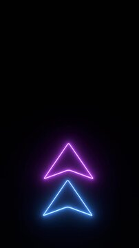 Arrows in neon light, illuminated in blue, purple point upward. The arrows moving up, in an endless loop. Direction, pointing at something, above, orientation.