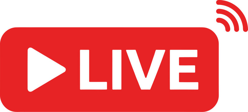 Red live streaming icon with play button for online broadcast and video production