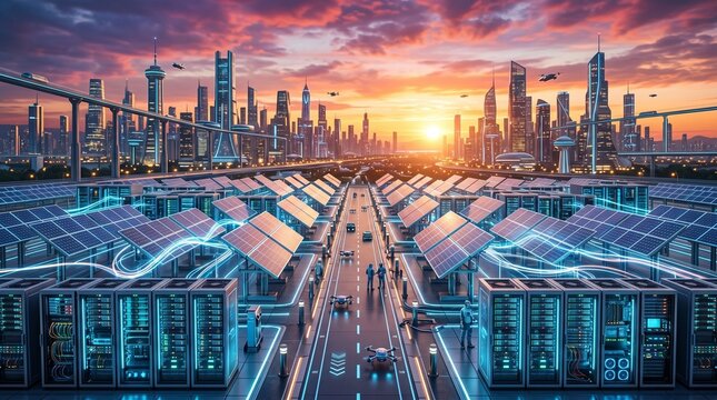 Futuristic Smart City Infrastructure Vector with Data Center Server Racks and Solar Panels at Sunset