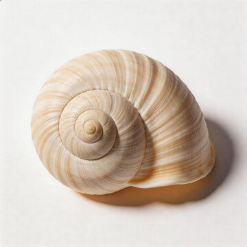 A polished, empty land snail shell with distinct spiral growth lines, displayed on a plain white background.