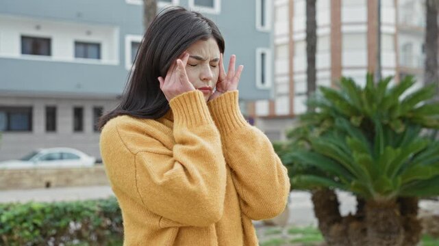 Woman pressing temples with hands and closed eyes in yellow sweater on residential street by apartment building; stress fatigue.