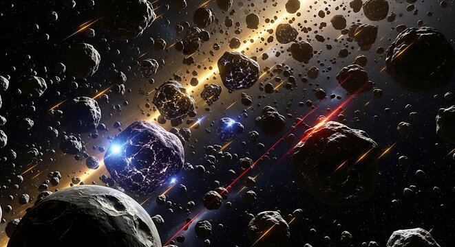 Asteroid field in deep space with glowing lights and nebula background. astroid belt 