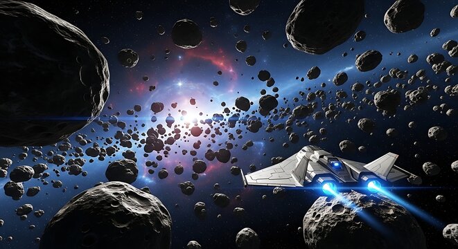 Spaceship flying through asteroid field with colorful nebula in deep space. astroid belt 