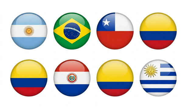 South American countries national flag round glossy badges vector illustration set