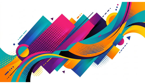 Abstract geometric background with colorful diagonal shapes and dynamic wavy lines