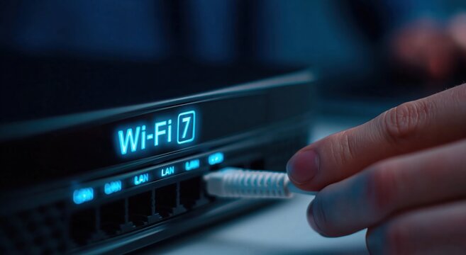Router connecting ethernet cable to modern wifi 7 network for seamless internet connectivity