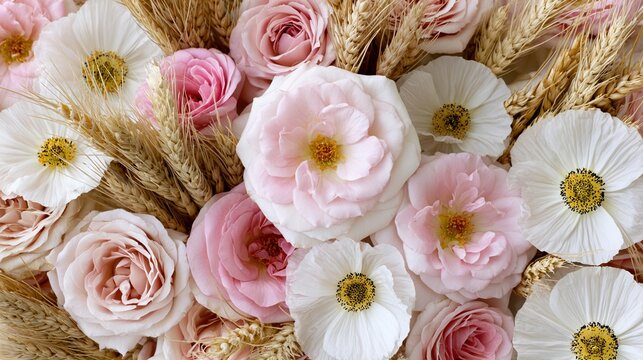Flat lay pastel floral arrangement with roses anemones and wheat for wedding background and spring wallpaper design for table decor and celebration styling