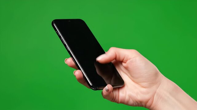 Green Screen Background Behind a Feminine Hand Holding a Smartphone with a Blank Black Screen and Scrolling Vertically