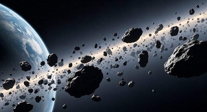 Planet rings with asteroids in outer space. astroid belt 