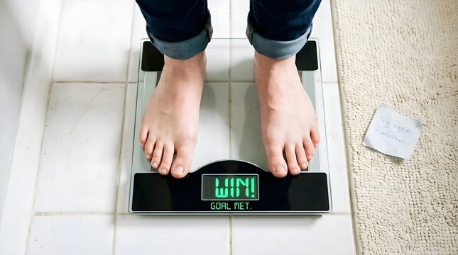 Macro View of Bare Feet on Digital Weight Scale Displaying Numbers on Black LED Screen.
