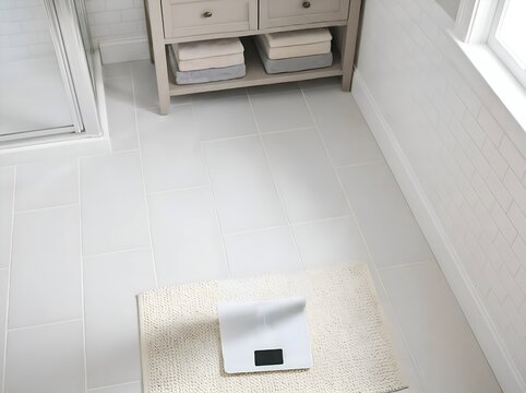 Top View of White Digital Bathroom Scale on Grey Tile Floor Next to Bathroom Vanity.

