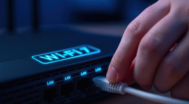 Router connecting ethernet cable to advanced wifi 7 for fast internet network connectivity