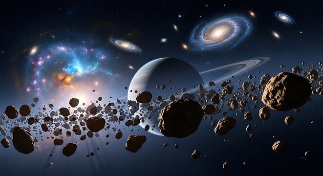 Asteroid belt in space with planet and galaxy in background. astroid belt 