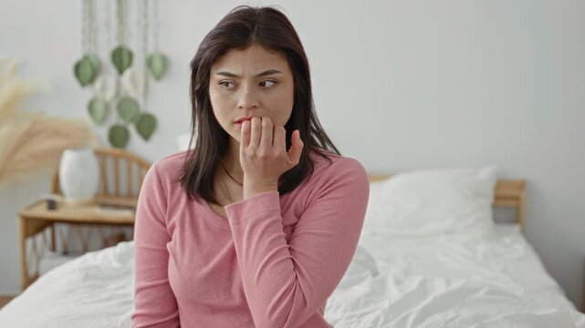 Woman sitting on bed biting nails, hand to mouth gesture in bedroom building; anxiety reflection solitude concern.