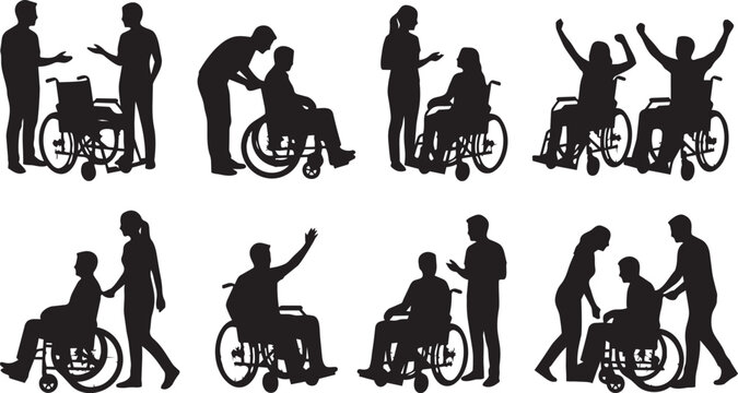 Collection of wheelchair users and caregiver silhouettes in communication, support and assistance poses isolated on white background for healthcare and disability design