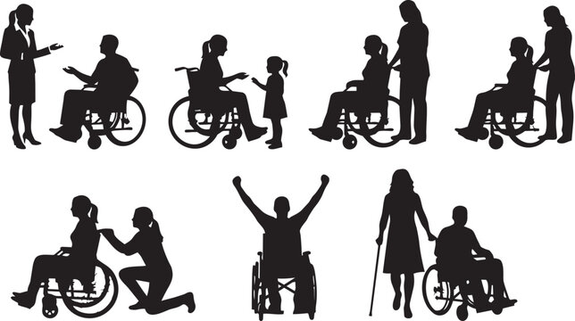 Collection of wheelchair users and caregivers silhouettes isolated on white background for healthcare, disability support, rehabilitation and social care design projects