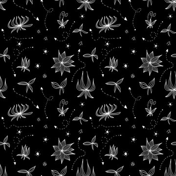 Black Flower Seamless Pattern Dark Background