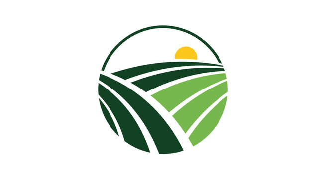 A circular icon showing a green field with a rising sun in the background