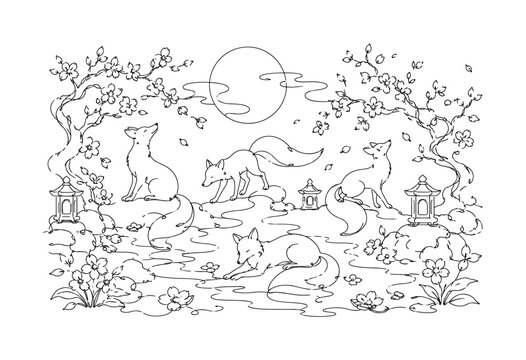 "Foxfire Blossoms". Minimalistic one-line drawing a magical moonlit garden where white foxes move quietly through petals and flowing branches, continuous single black line on white background, simple