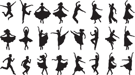Collection of dancing women silhouettes in elegant movement poses isolated on white background for fitness, entertainment, performance and creative lifestyle design © Nafis