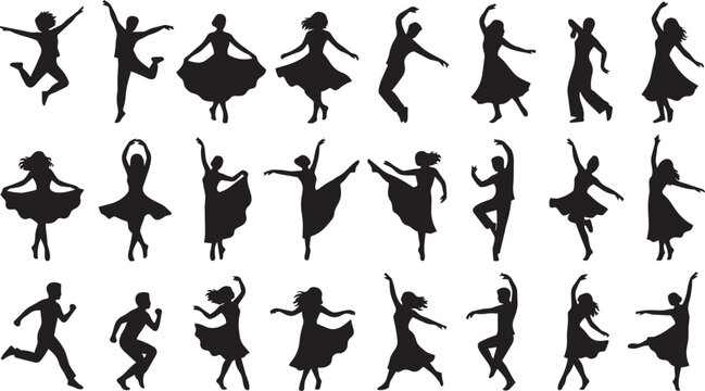 Collection of dancing women silhouettes in elegant movement poses isolated on white background for fitness, entertainment, performance and creative lifestyle design