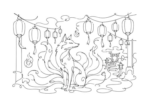 "Foxfire Glow". Minimalistic one-line drawing a graceful fox spirit beneath rows of glowing lanterns with flowing tails and enchanted atmosphere, continuous single black line on white background,
