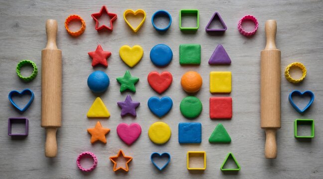 Colorful clay craft shapes on wooden table