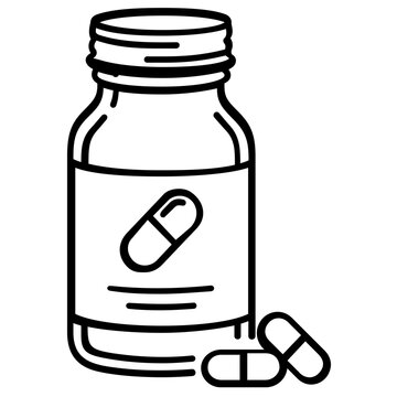 Pill Bottle with Label Line Icon Vector Illustration, Medical Container for Capsules and Tablets, Healthcare Pharmacy Symbol for Prescriptions and Supplements, Minimalist Black and White Outline.