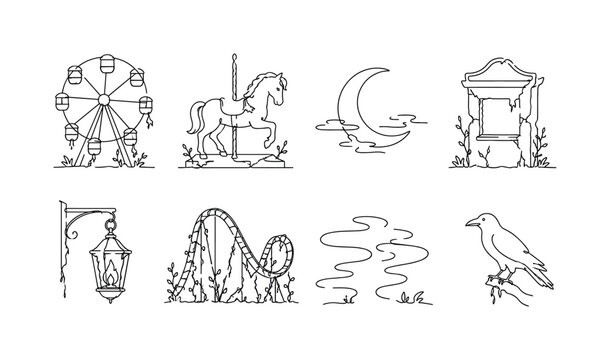 "Abandoned amusement park at night". Minimalistic set one-line drawing [abandoned ferris wheel, broken carousel horse, crescent moon, cracked ticket booth, hanging lantern, overgrown roller coaster,