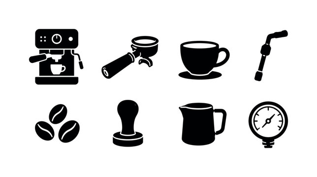 Espresso machine close-up. Filled icon set of Espresso machine close-up: espresso machine, portafilter handle, coffee cup, steam wand, coffee beans, tamper tool, milk pitcher, pressure gauge. Solid